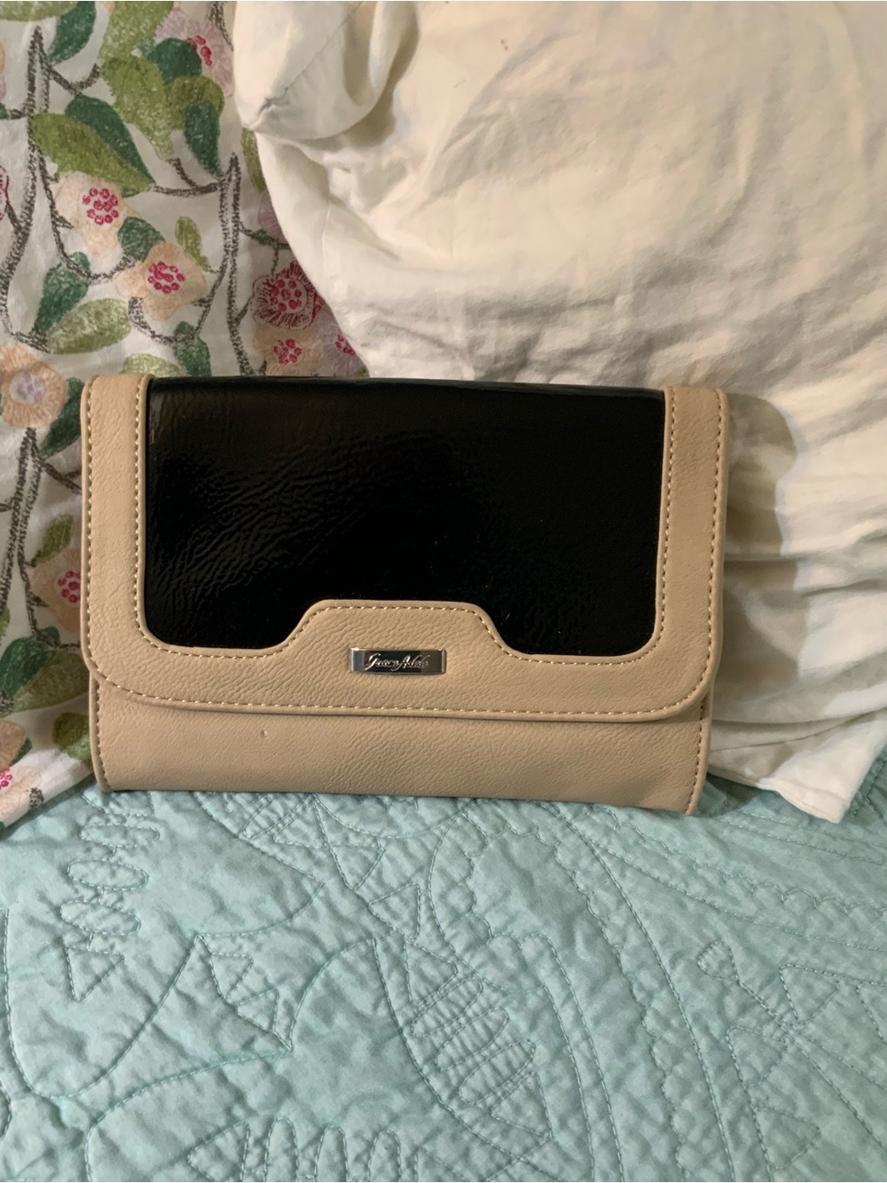 Grace Adele Beige and Black Two-Tone Foldover Clutch